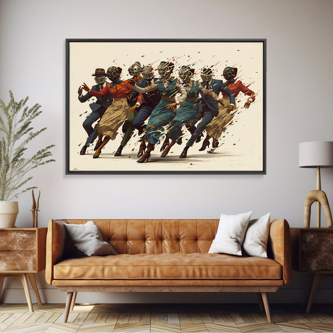 Masked African Jazz Dancers Canvas Print, Afrofuturism Fashion Wall Art, Stylish Black Culture Decor, Unique Home Decor Gift