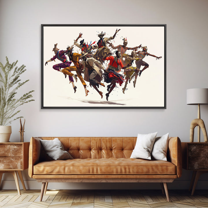 Joyful African Tribal Dancers Wall Art, Dynamic Masquerade Celebration Painting, Afrocentric Decor, Vibrant Canvas Print Gift