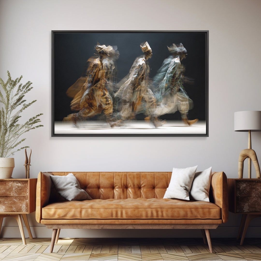 Blurred African Spirit Walkers Framed Canvas Print, Modern Afrocentric Wall Art, Ethnic Home Decor, Dreamy Motion Painting