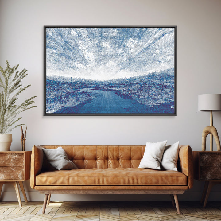 Blue River City Skyline Wall Art, Abstract Landscape Canvas Print, Modern Office Decor, Coastal Urban Artwork In Cool Tones