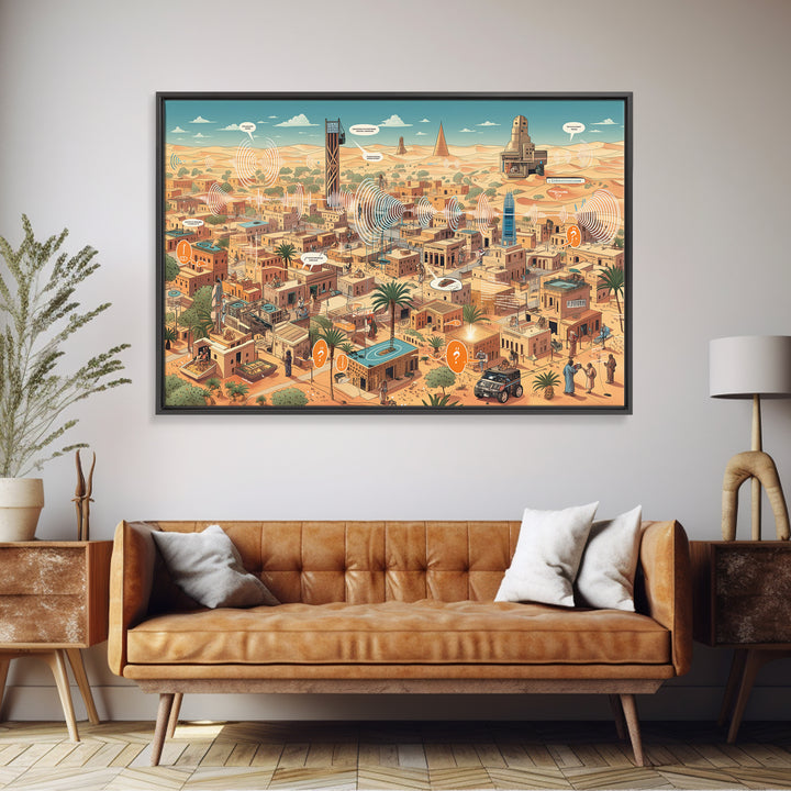 Afrofuturist Desert City With Radio Signals Wall Art, African Landscape, Modern Canvas Art, Tech Inspired Office Decor Print