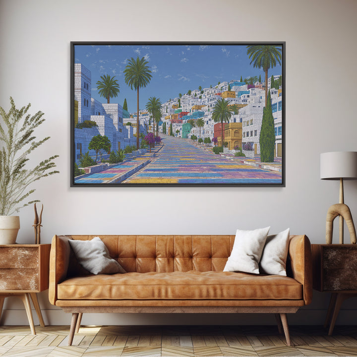 Sunny White Hillside Street With Rainbow Steps Canvas Print, Morocco Africa Travel Poster, Blue Palm Tree Wall Decor Art