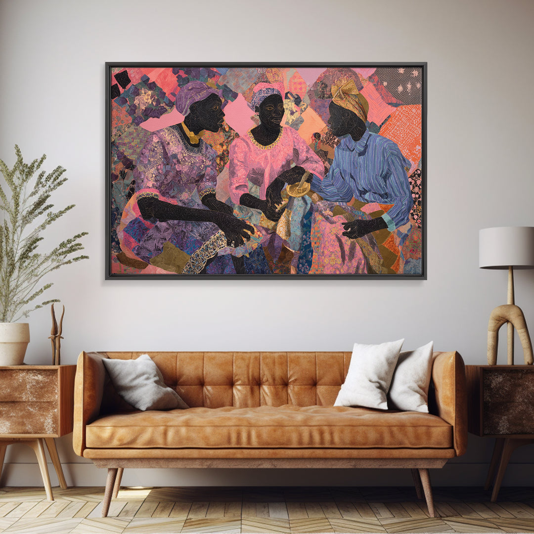 Three African Women Sharing Tea Framed Canvas Print, Textile Art, African Fabric, Black Women Art, Cultural Home Decor Gift