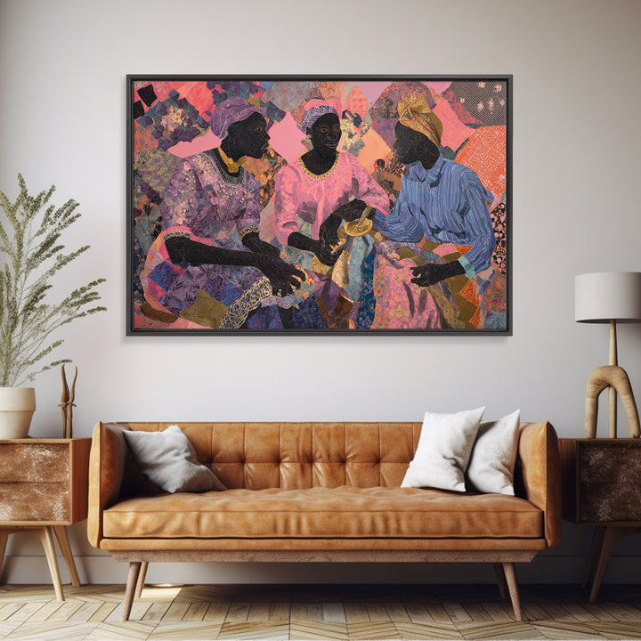 Three African Women Sharing Tea Framed Canvas Print, Textile Art, African Fabric, Black Women Art, Cultural Home Decor Gift