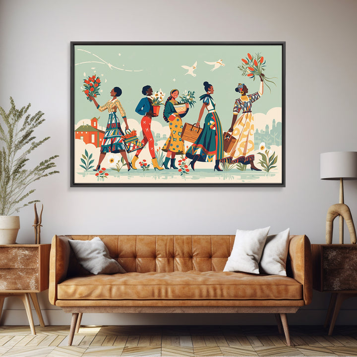 Joyful African Women Carrying Flowers Wall Art, Feminine Wall Decor, Ankara Inspired Print, Black Girl Magic Home Decor Gift