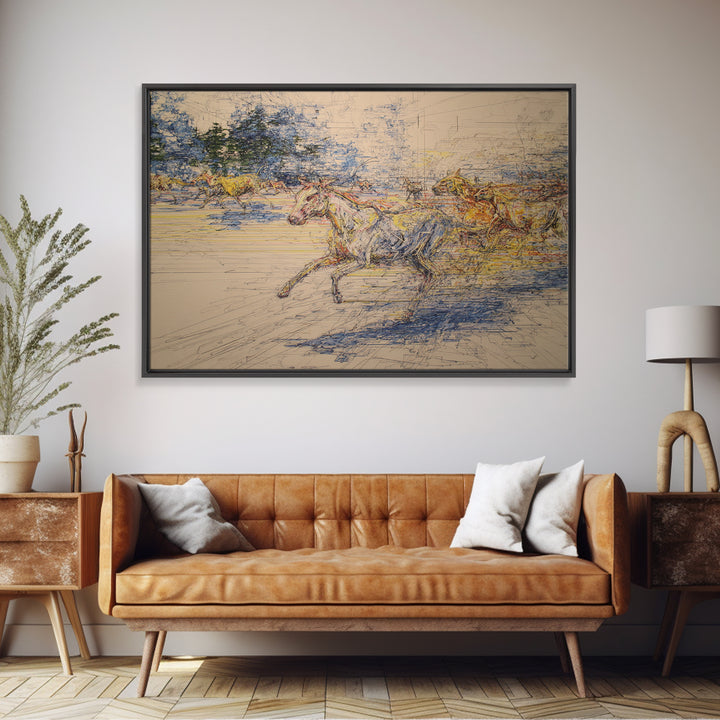 Galloping Horses In Dynamic Sketch Canvas Print, Abstract Painting, Statement Modern Wall Decor, Rustic Living Room Art Gift