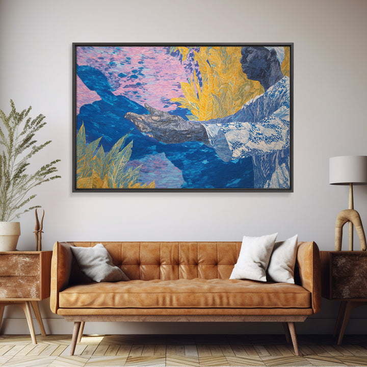 Blue Gold Figure With Open Hands Framed Canvas Print, Black Man Wall Art, Spiritual Wall Decor, African Inspired Home Decor Gift