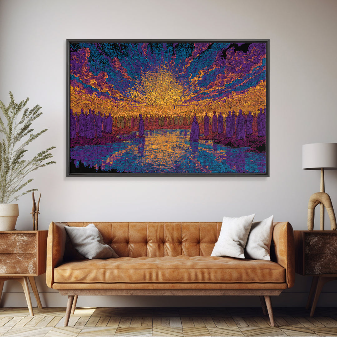 Vibrant Sunset Gathering By Water Wall Art, Mystical Wall Art, Spiritual Decor, Colorful African Art Print Large Canvas Gift