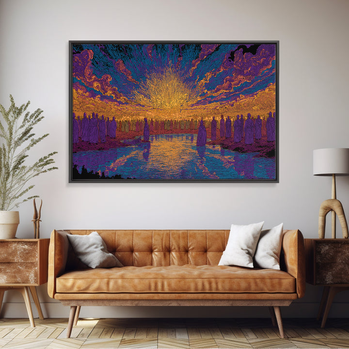 Vibrant Sunset Gathering By Water Wall Art, Mystical Wall Art, Spiritual Decor, Colorful African Art Print Large Canvas Gift