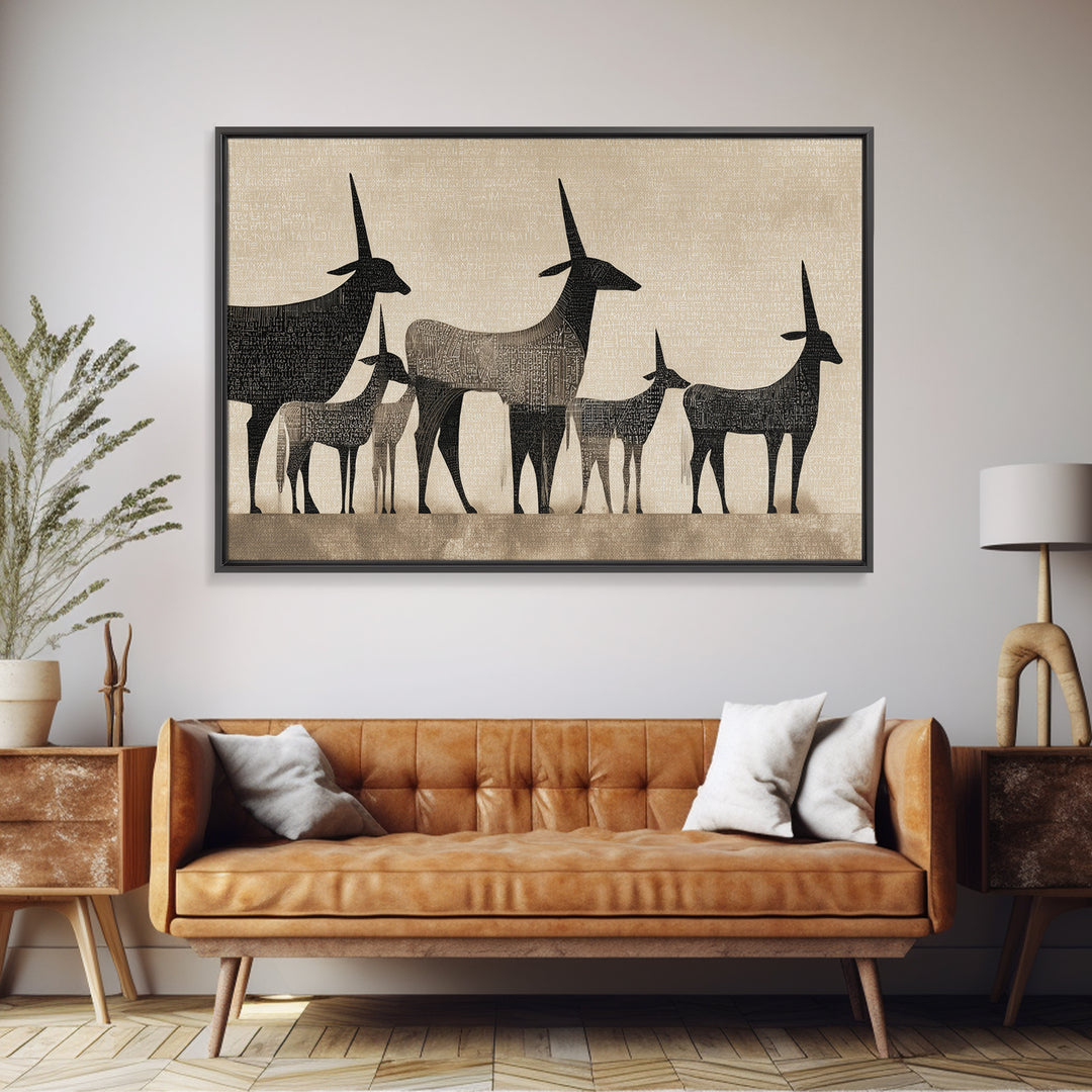 Minimalist Antelope Family Silhouette Canvas Print, African Safari Art, Neutral Tribal Decor, Beige Living Room Wall Decor