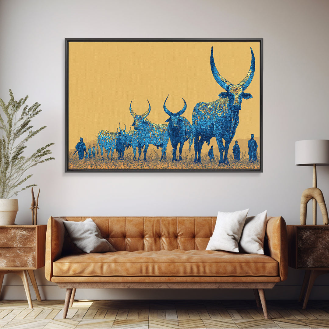 Blue Ornate Ankole Cattle Herd Canvas Print, African Safari Art, Tribal Animal Decor, Golden Savanna Statement Wall Art Print