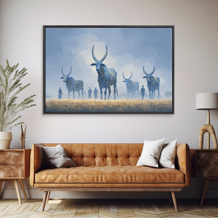 Misty Blue Ankole Cattle In Grassland Framed Canvas Print, African Animal Art, Serene Safari Decor, Modern Wall Art Home Decor