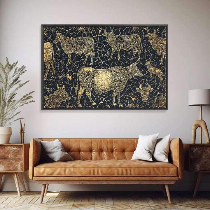 Gold Line Cattle On Cracked Black Canvas Print, African Tribal Art, Rustic Animal Pattern, Bold Ethnic Wall Decor, Home Decor