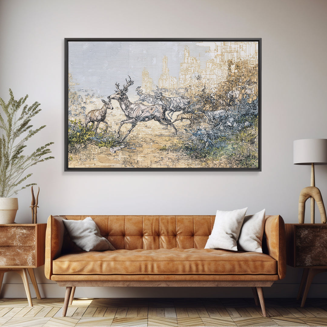 Leaping Antelope Beside Abstract City Skyline Wall Art, African Safari Art Print, Modern Nature Scene, Office Decor Gift