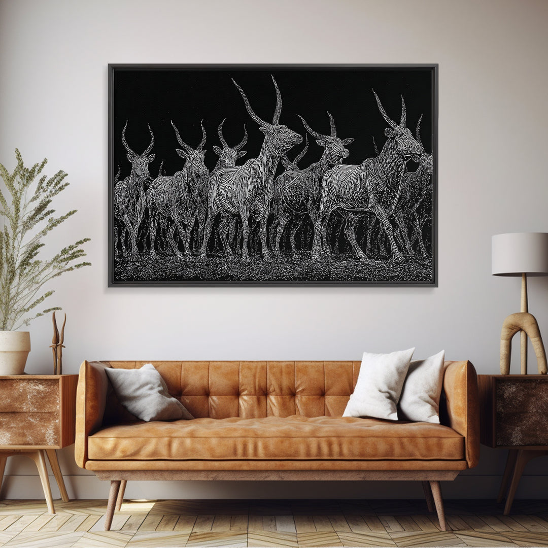 Black And White Ankole Herd At Night Canvas Print, African Animal Art, Minimalist Safari Decor, Bold Statement Wall Art Print