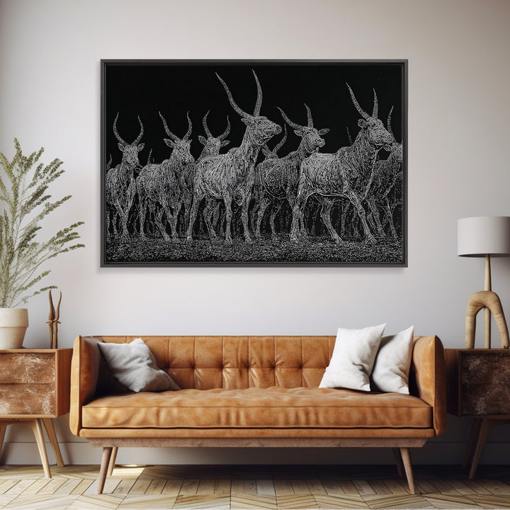 Black And White Ankole Herd At Night Canvas Print, African Animal Art, Minimalist Safari Decor, Bold Statement Wall Art Print