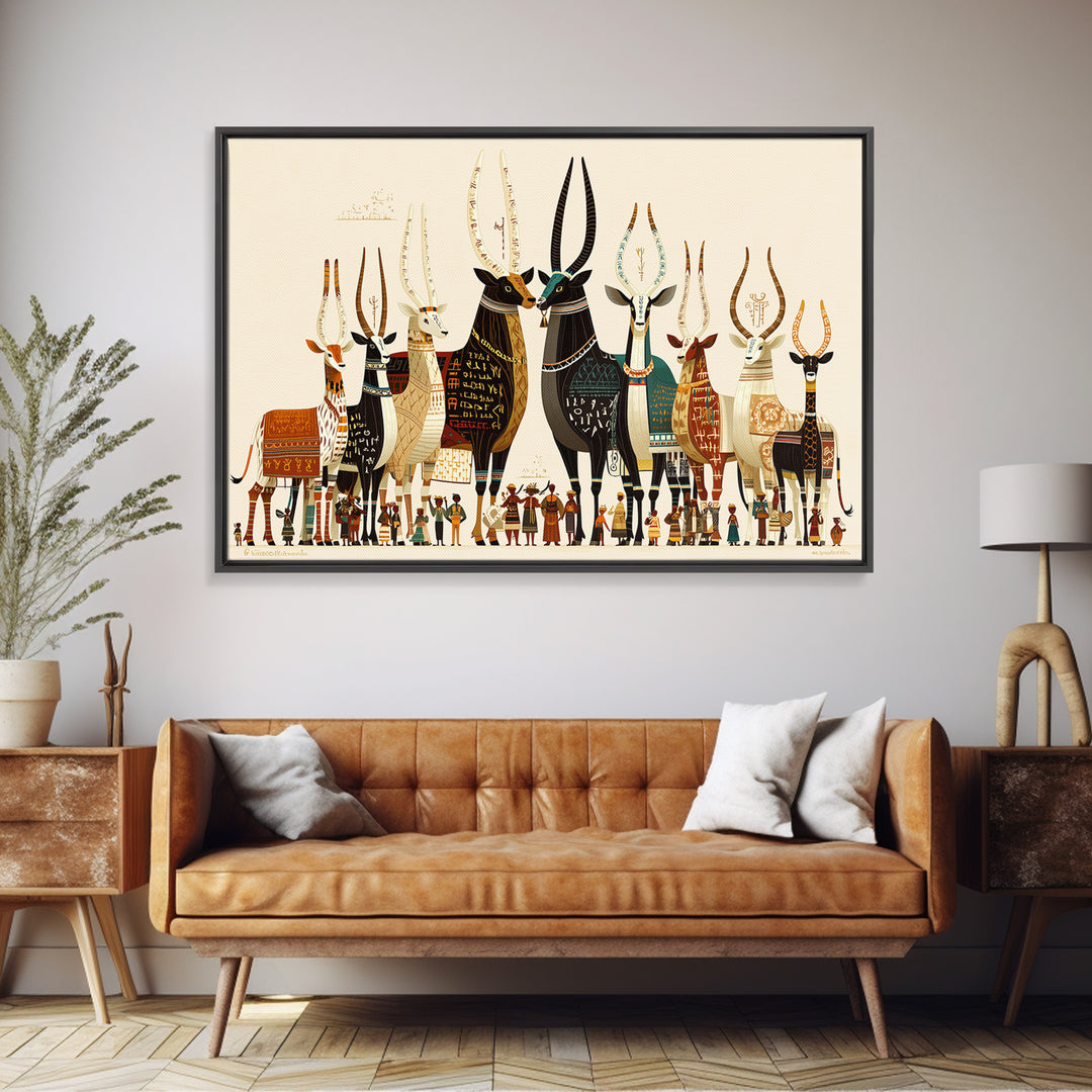 Stylized Sacred Cattle And Villagers Framed Canvas Print, African Egyptian Art, Tribal Culture Decor, Colorful Wall Art Print