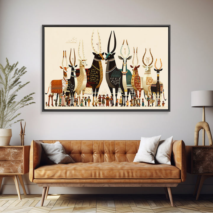 Stylized Sacred Cattle And Villagers Framed Canvas Print, African Egyptian Art, Tribal Culture Decor, Colorful Wall Art Print