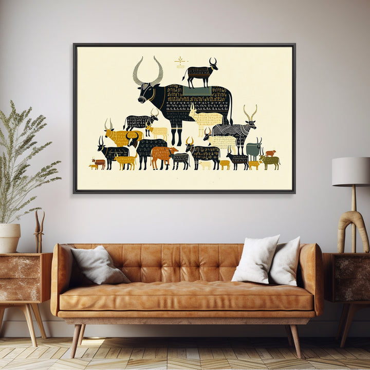 Stacked Sacred Cattle Hieroglyph Inspired Canvas Print, African Egyptian Art, Tribal Animal Decor, Unique Wall Art Print