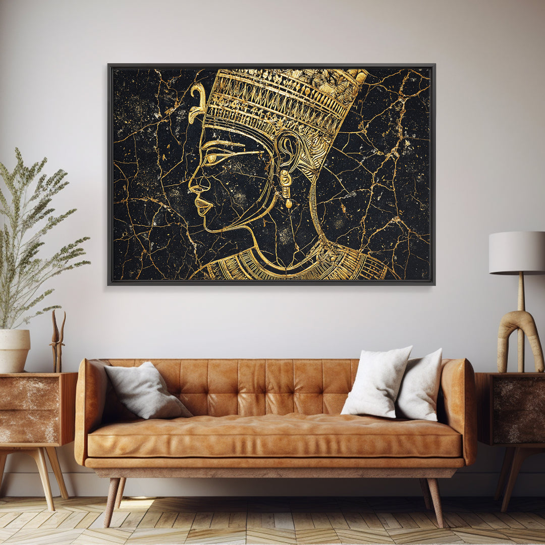 Gold Egyptian Queen Profile On Black Marble Wall Art, African Portrait, Afrocentric Decor, Black And Gold Cultural Home Decor