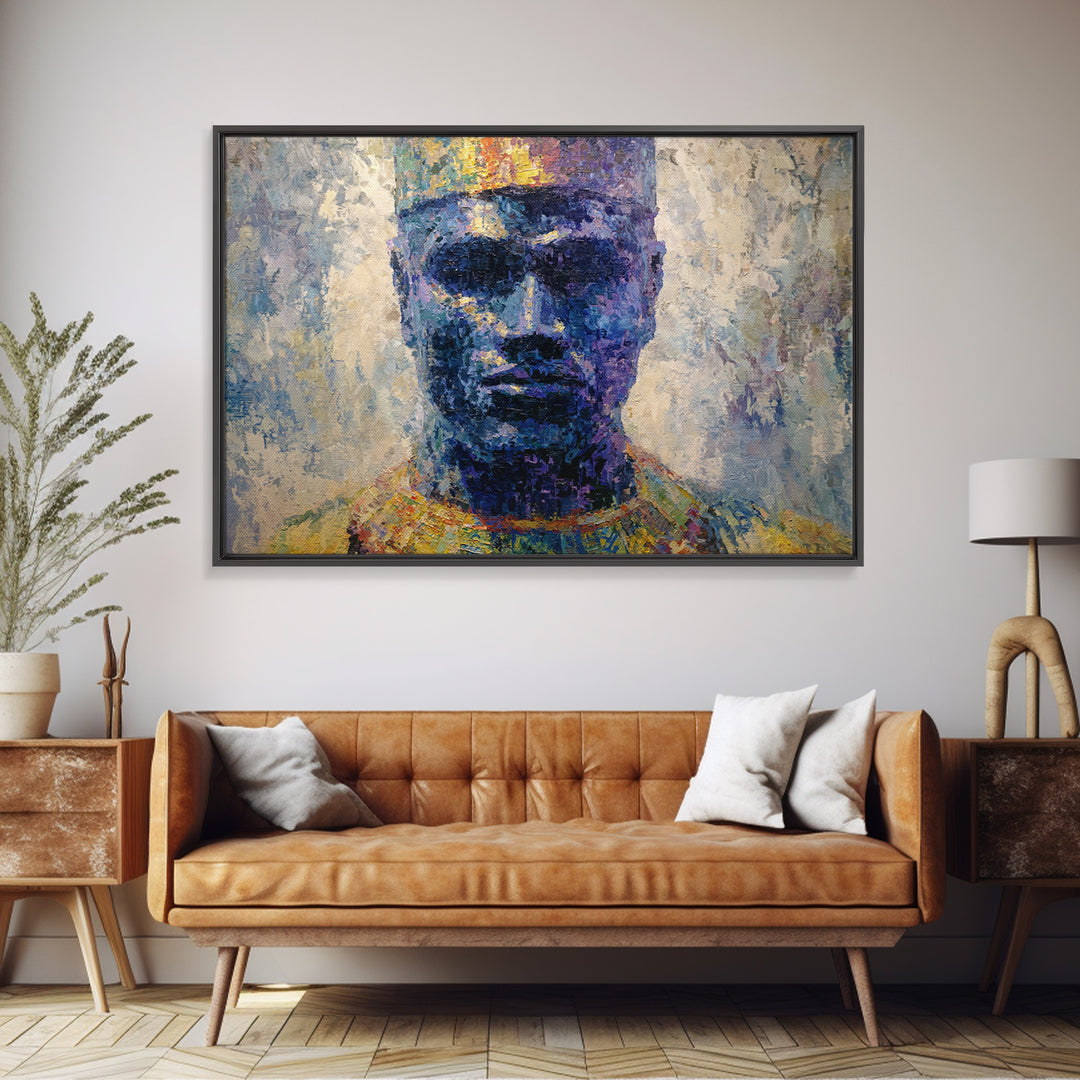 Blue Crowned African Man Portrait Canvas Print, Modern Afrocentric Art, Black Male Wall Decor, Textured Cultural Artwork