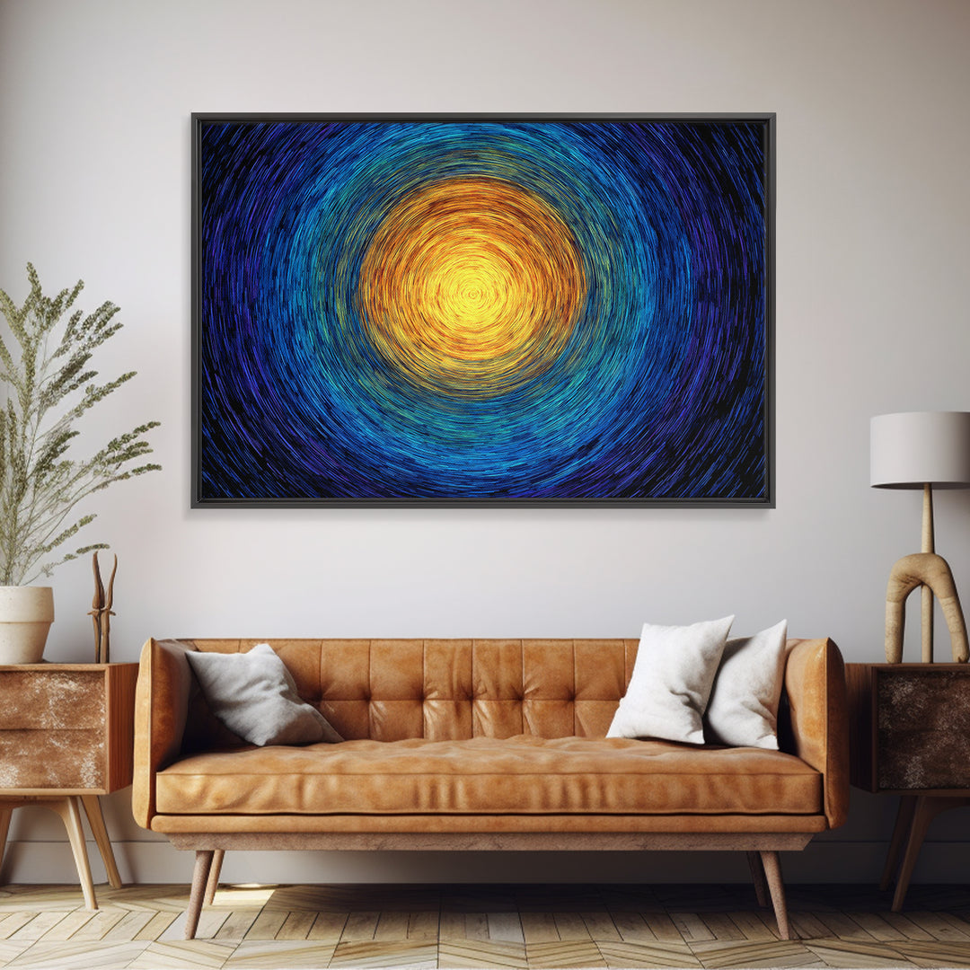 Radiant Sun Spiral In Blue And Gold Wall Art, Abstract African Inspired Print, Modern Canvas Decor, Meditation Room Artwork