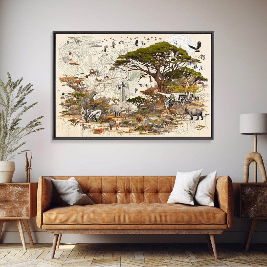 Acacia Safari Wildlife Collage Framed Canvas Print, African Animal Art, Serengeti Wall Decor, Nature Scene Living Room Decor