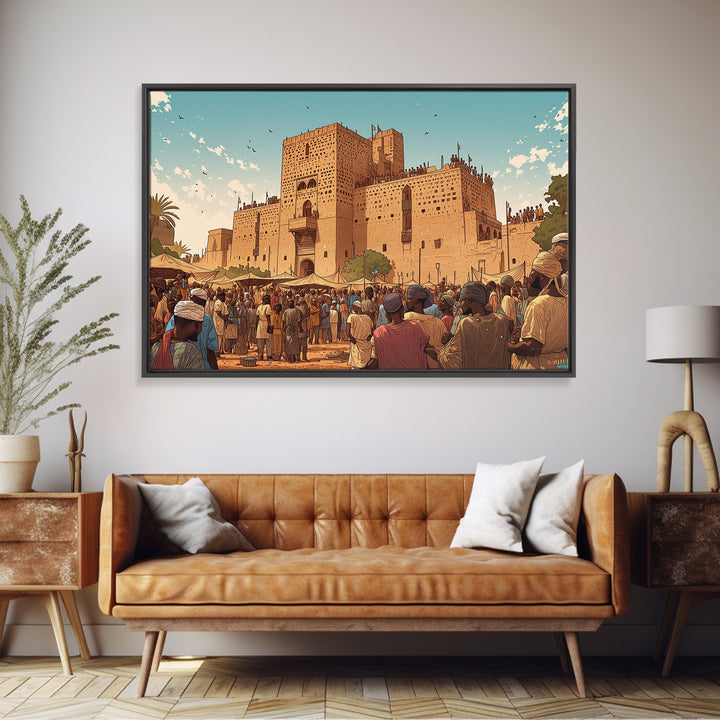 Adobe African Market Fortress Canvas Print, Cultural City Wall Art, West Africa Poster, Earth Tone Travel Home Decor Gift