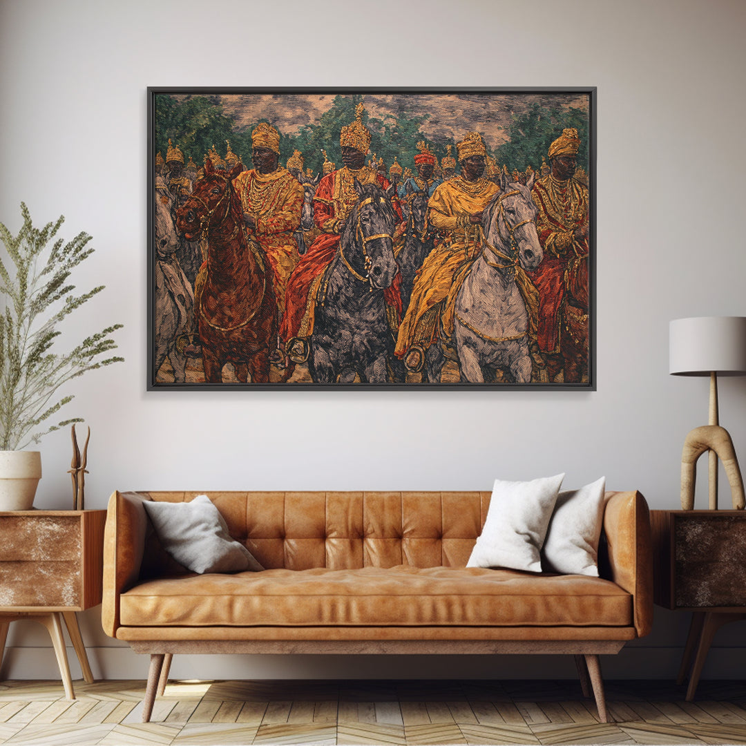 Regal African Horsemen Procession Wall Art, Royal Warrior Riders, Afrocentric Decor, Tribal History, Luxury Canvas Home Decor