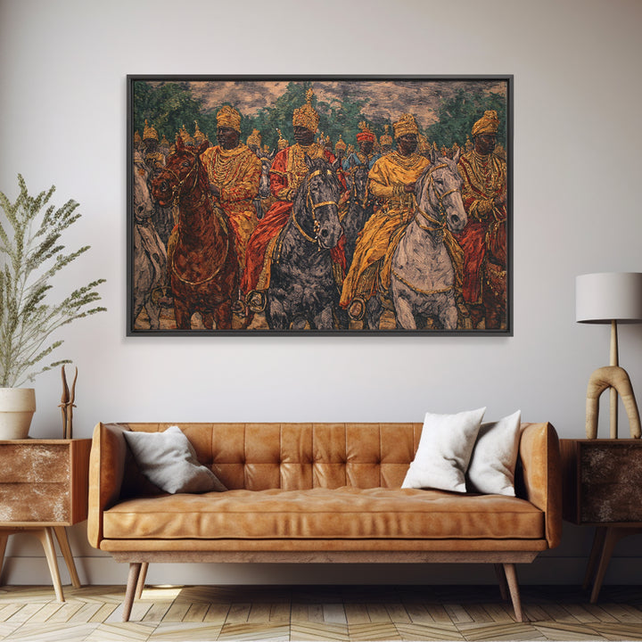 Regal African Horsemen Procession Wall Art, Royal Warrior Riders, Afrocentric Decor, Tribal History, Luxury Canvas Home Decor