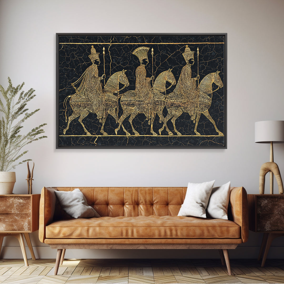 Ancient Gold African Horsemen Canvas Print, Black Tribal Line Art, Warrior Procession, Luxury Afrocentric Wall Decor, Statement Piece