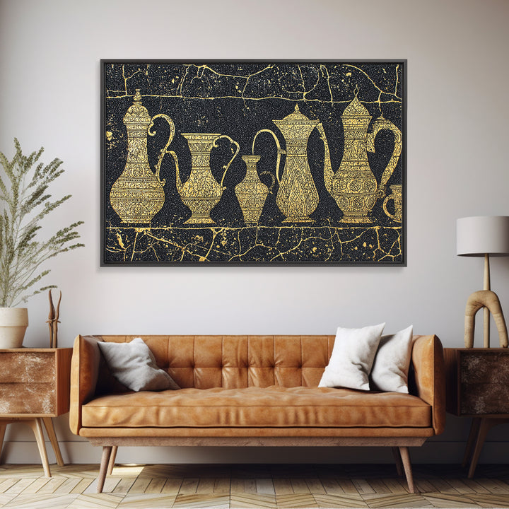 Gold African Coffee Pots Canvas Print, Ornate Black And Gold Design, Ethnic Kitchen Wall Decor, Luxury Cultural Art Gift