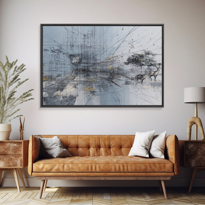 Minimal African Landscape Wall Art, Abstract Savanna Antelope Scene, Baobab Tree, Modern Safari Decor, Neutral Office Art