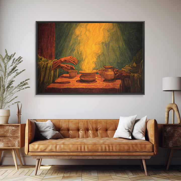 Glowing African Incense Ritual Canvas Print, Hands And Pottery, Spiritual Smoke Ceremony, Earth Tone Wall Decor, Cultural Gift