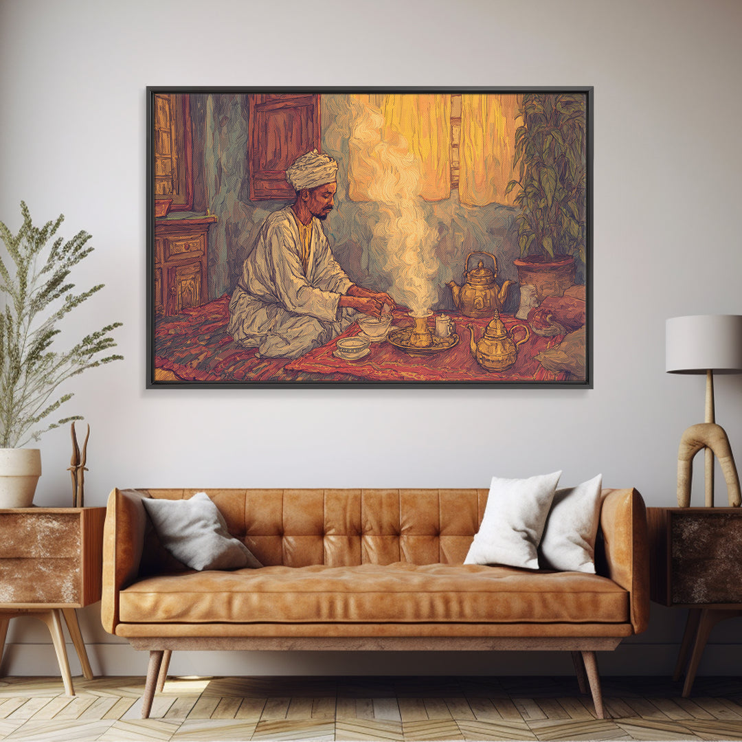 Seated African Tea Ceremony Framed Canvas Print, Spiritual Prayer Room Smoke, Traditional Interior, Afrocentric Wall Decor Gift