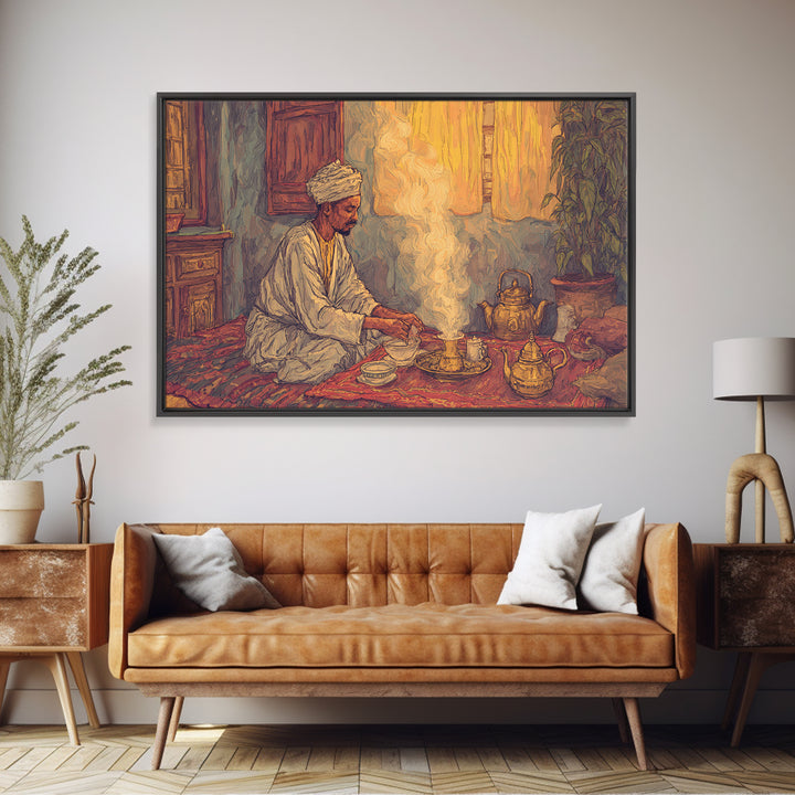 Seated African Tea Ceremony Framed Canvas Print, Spiritual Prayer Room Smoke, Traditional Interior, Afrocentric Wall Decor Gift