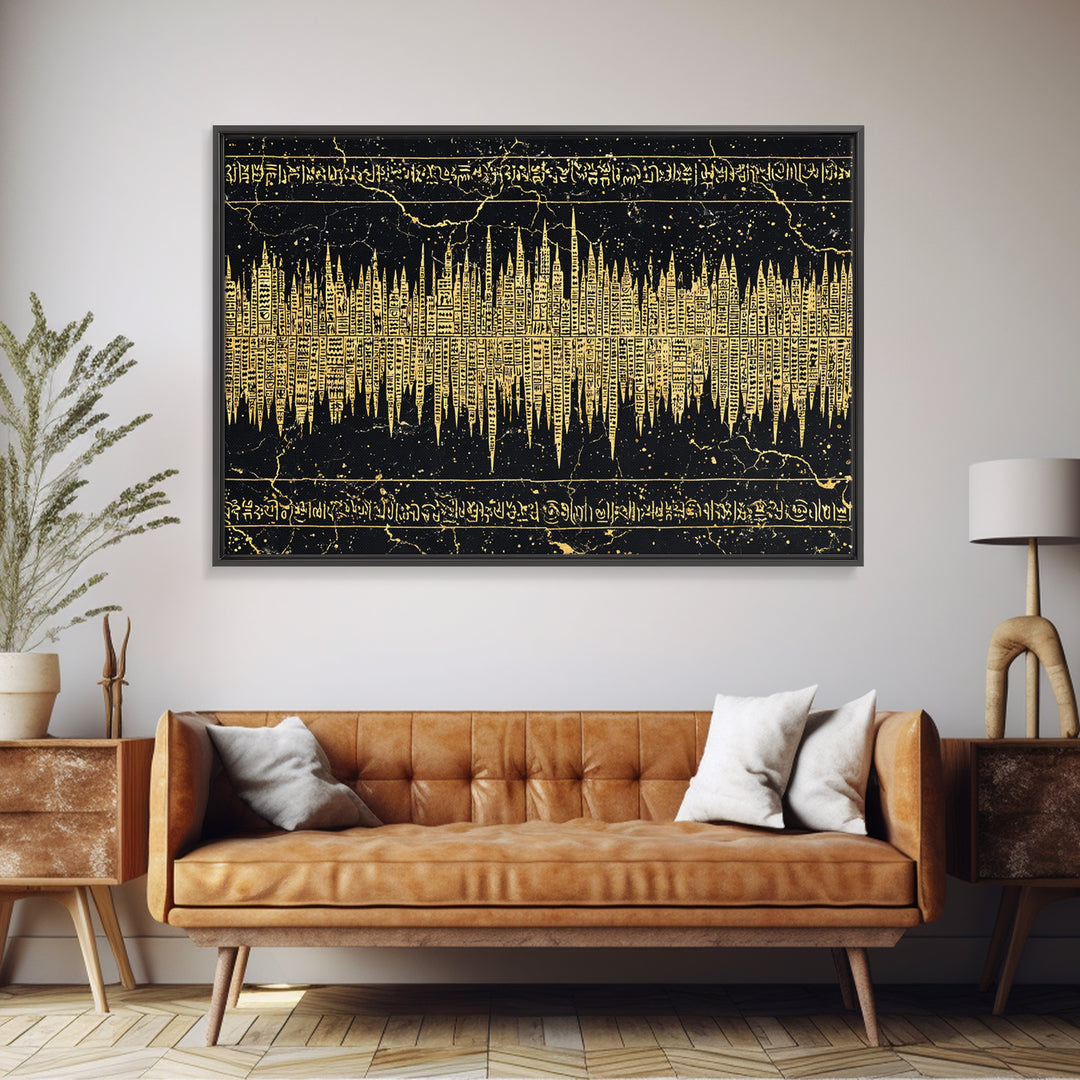 Golden Ancient Soundwave Script Wall Art, Black And Gold African Abstract, Spiritual Office Decor Framed Canvas Print Gift