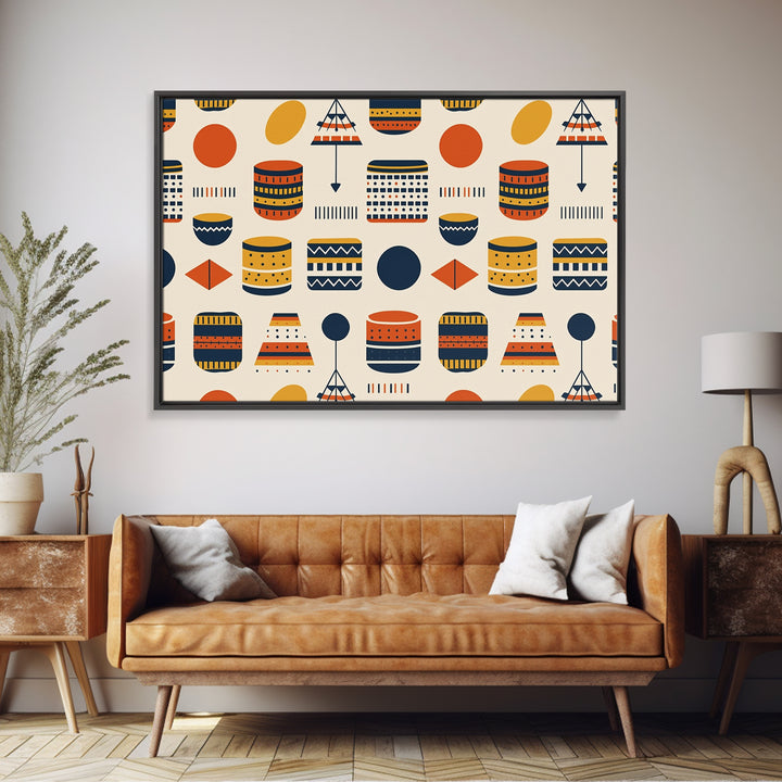 African Drum And Shield Pattern Wall Art, Ankara Inspired Geometric Decor, Tribal Fabric Style Framed Canvas Print Home Decor Gift