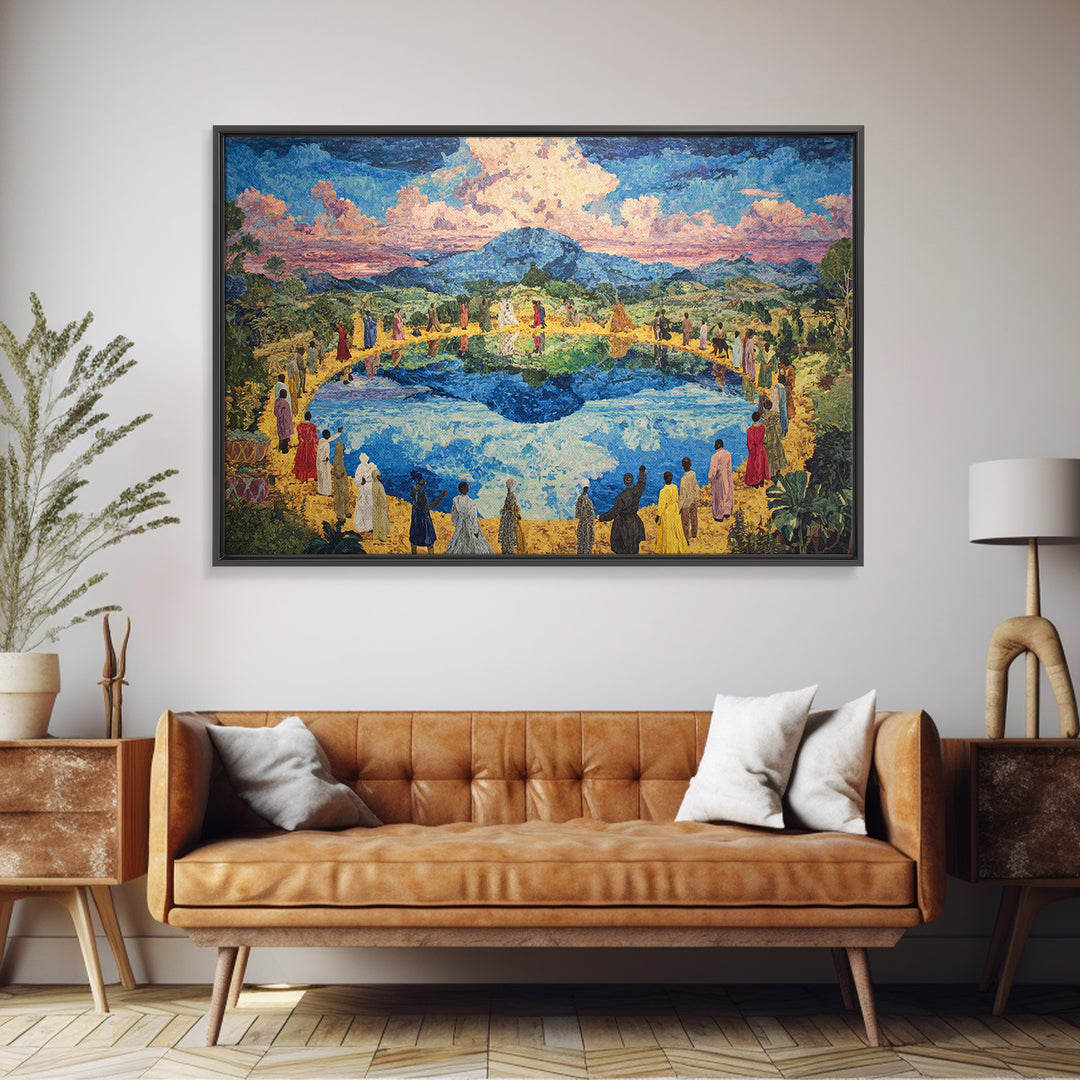 African Village Gathering By Blue Lake Wall Art, Colorful Landscape, Cultural Celebration, Large Living Room Canvas Print
