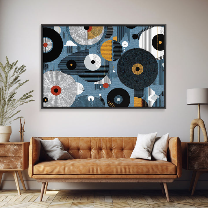 Blue Black Gold Geometric Circles Wall Art, Abstract African Art Decor, Modern Canvas Print For Living Room Office Home Decor