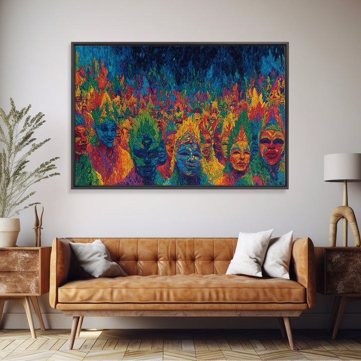 Mystic Jungle Mask Ceremony Wall Art, Colorful African Tribal Art, Spiritual Afrocentric Decor, Statement Canvas Print Gift