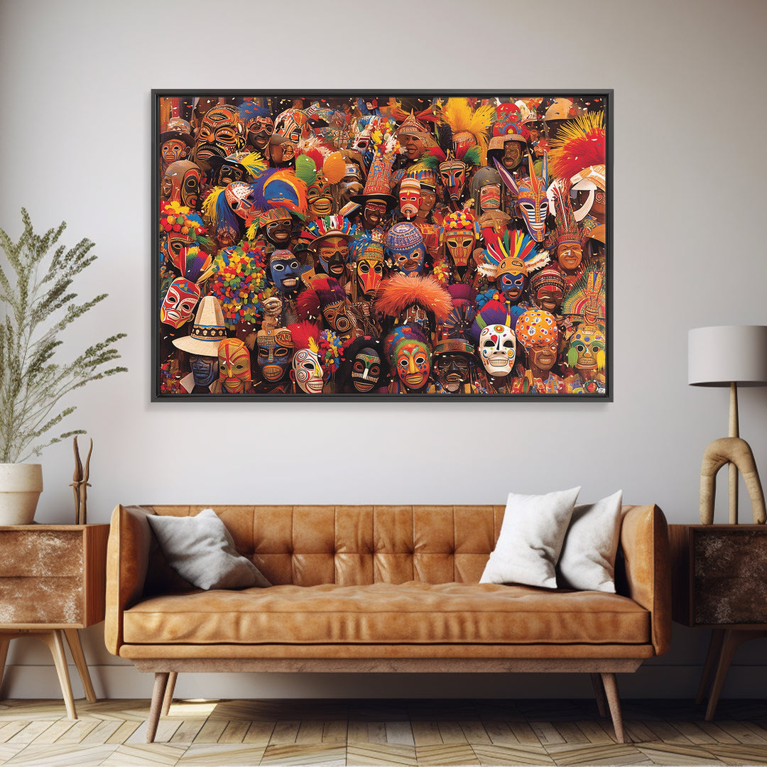 Festive African Carnival Mask Crowd Canvas Print, Colorful Tribal Wall Art, Afrocentric Celebration Decor, Black Culture Gift