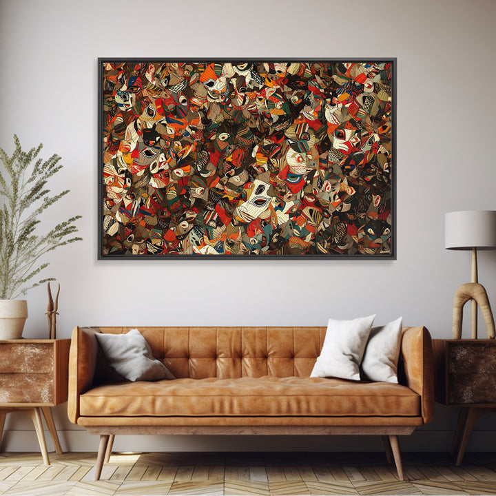 Dense African Tribal Mask Collage Wall Art, Abstract Ethnic Pattern, Afrocentric Decor, Bold Cultural Canvas Print Poster
