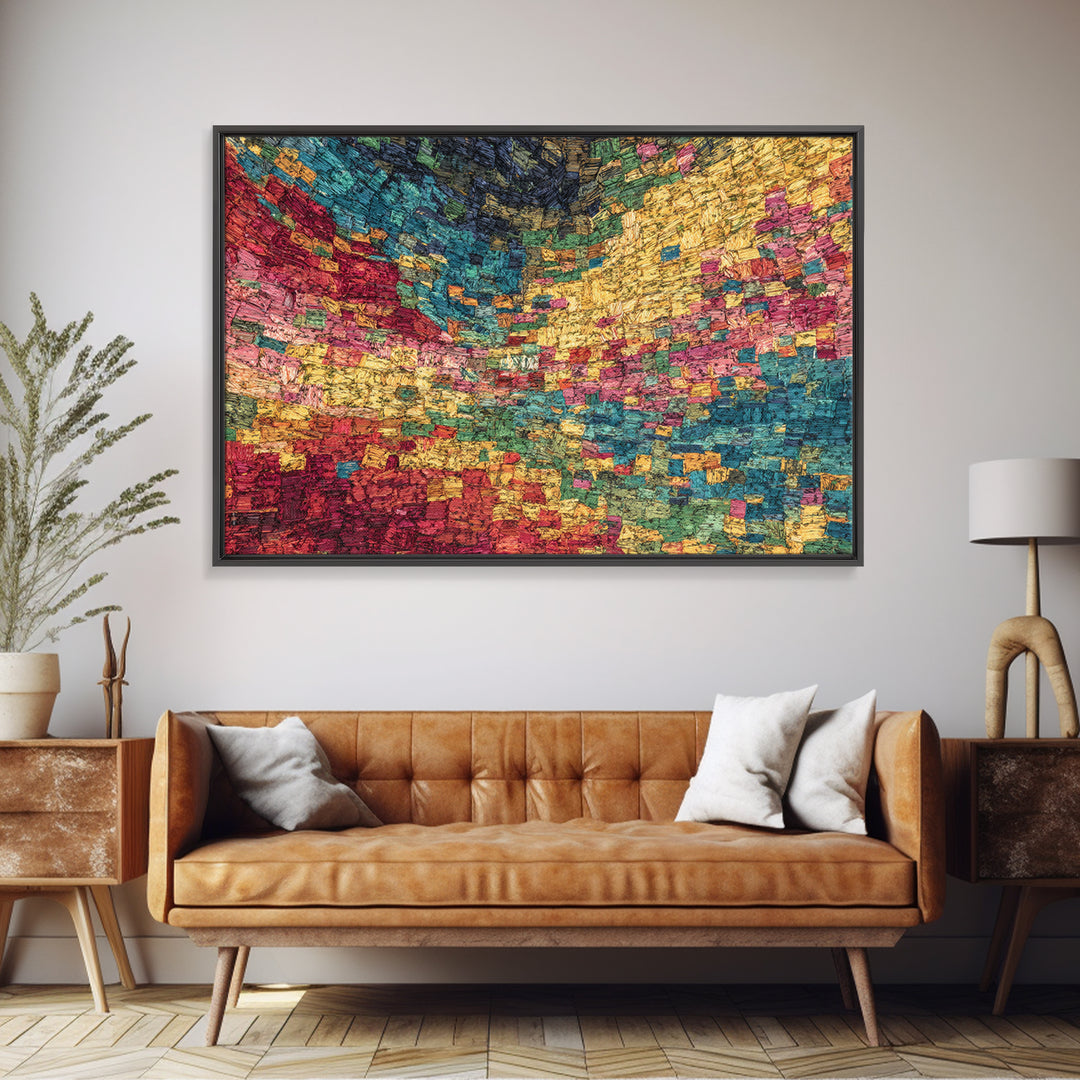 Colorful Mosaic Textile Landscape Wall Art, Abstract African Fabric Patterns, Modern Boho Decor, Textured Canvas Print Gift