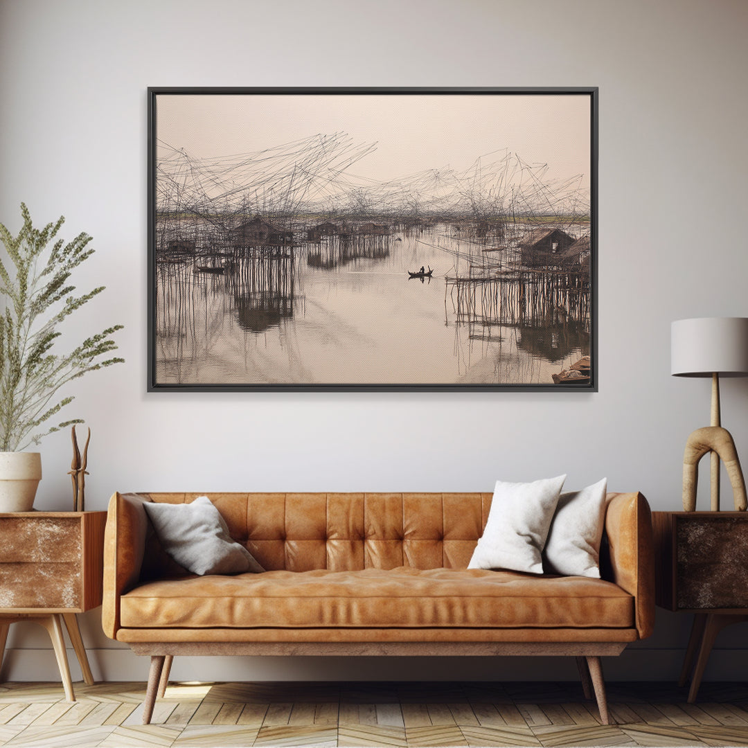 Sepia Stilt Fishing Village On Calm Water Wall Art, African Landscape, Coastal Home Decor, Serene Living Room Canvas Print