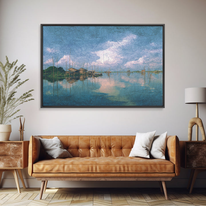 Blue Lagoon Stilt Houses Under Cloudy Sky Canvas Print, African Wall Art, Coastal Decor, Peaceful Lake Home Decor Art Gift