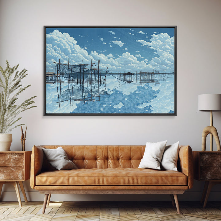 Bright Fishing Nets And Stilt Huts On Blue Lake Wall Art, African Landscape, Coastal Canvas Print, Serene Bedroom Decor Gift