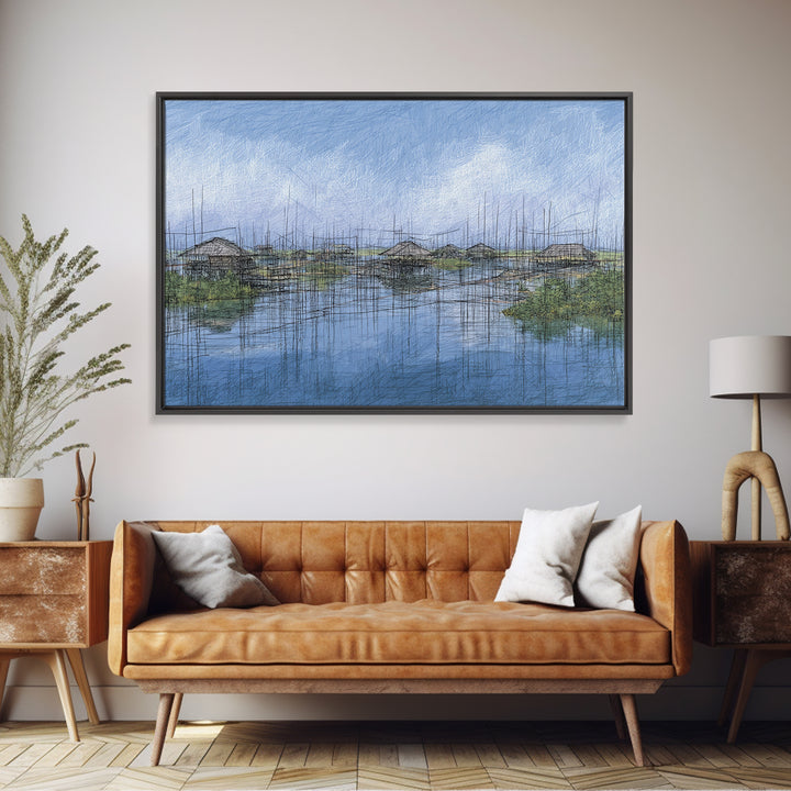 Rainy Wetland Stilt Huts With Blue Reflections Wall Art, African Landscape, Modern Coastal Decor, Peaceful Canvas Print Gift