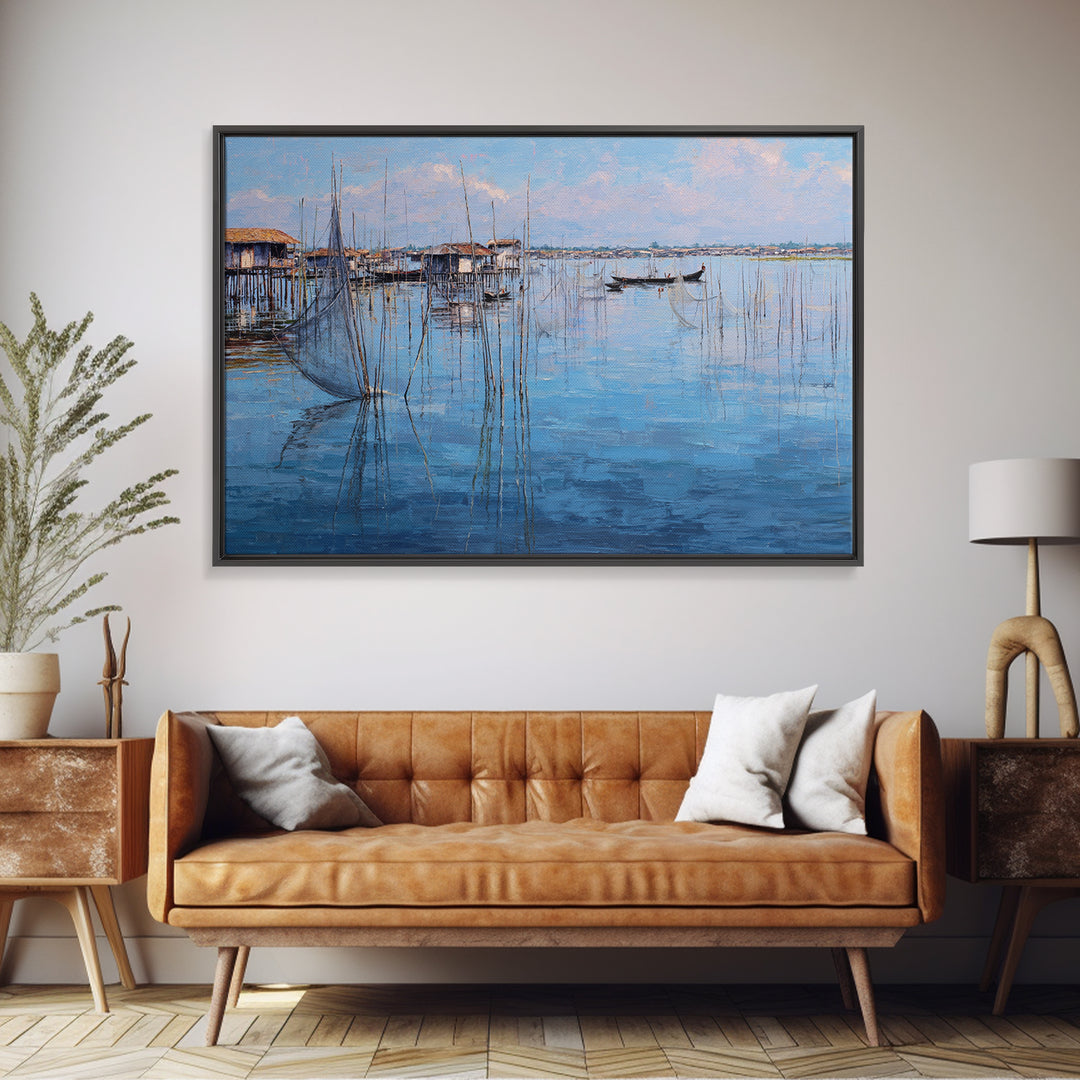 Painterly Blue Stilt Village With Small Boat Canvas Print, African Wall Art, Coastal Living Room Decor, Serene Lake Gift