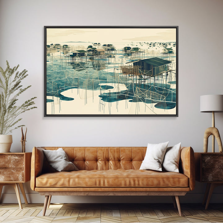 Graphic Stilt House Fishing Village Over Turquoise Water Wall Art, African Landscape, Modern Coastal Decor, Canvas Print Gift